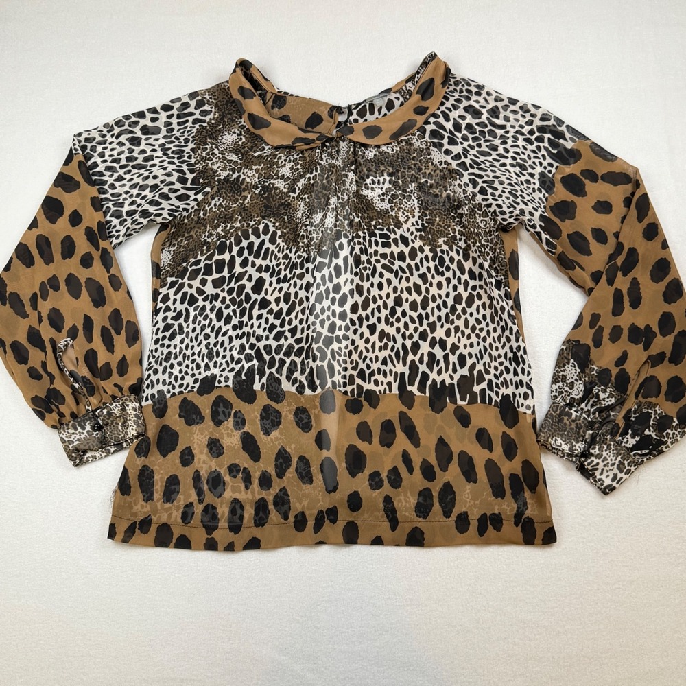 Charlotte Russe Leopard Print Sheer Blouse Peter Pan Collar Brown Medium